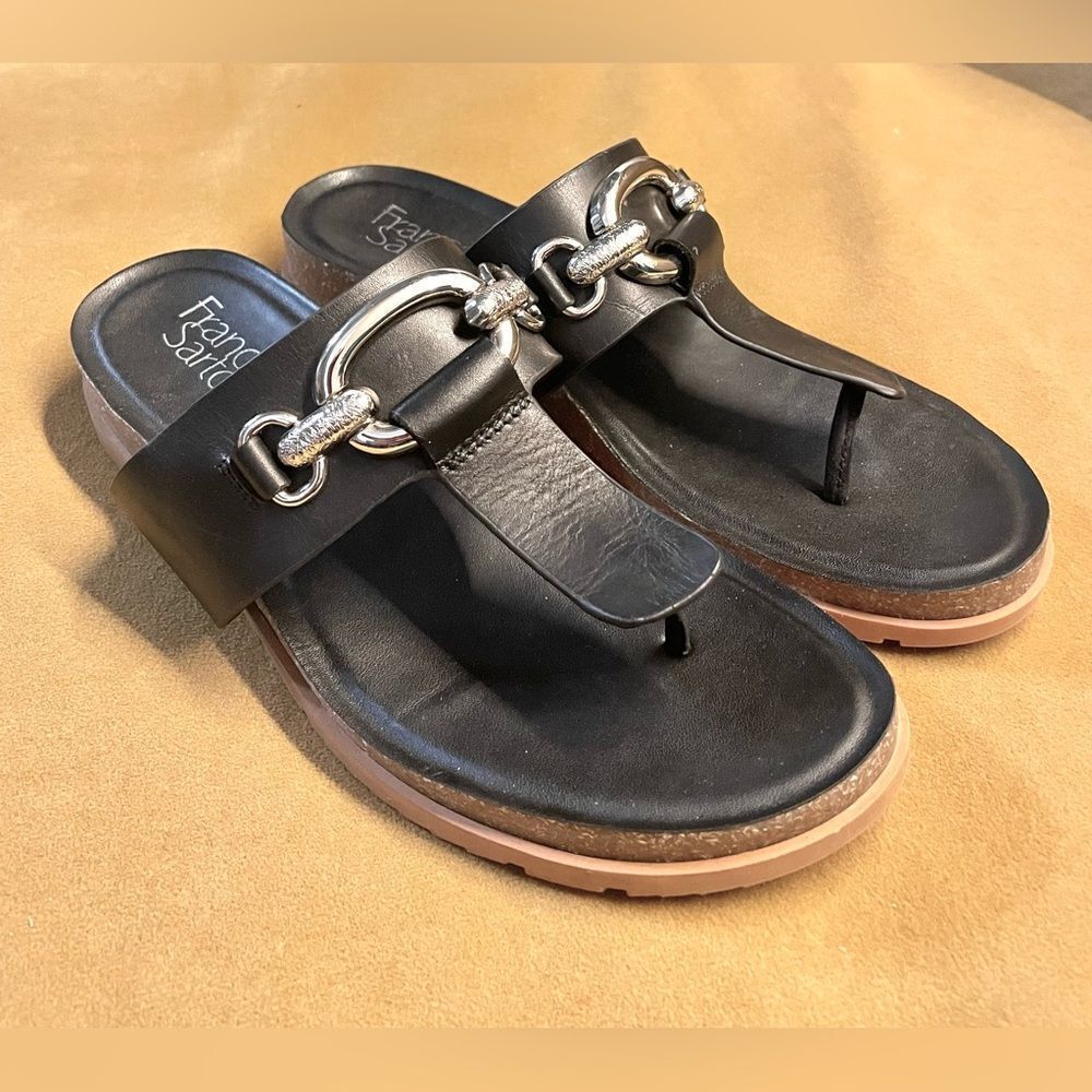 Franco Sarto Brielle Thong Chain Link Sandals Black Leather Size 8